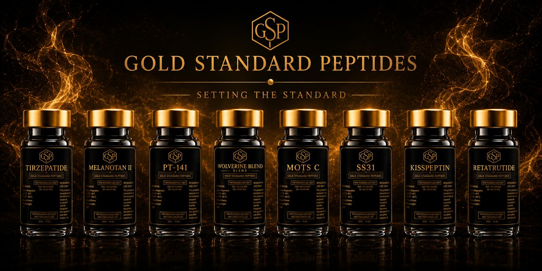 Gold Standard Peptides — Setting the Standard. Full vial lineup.
